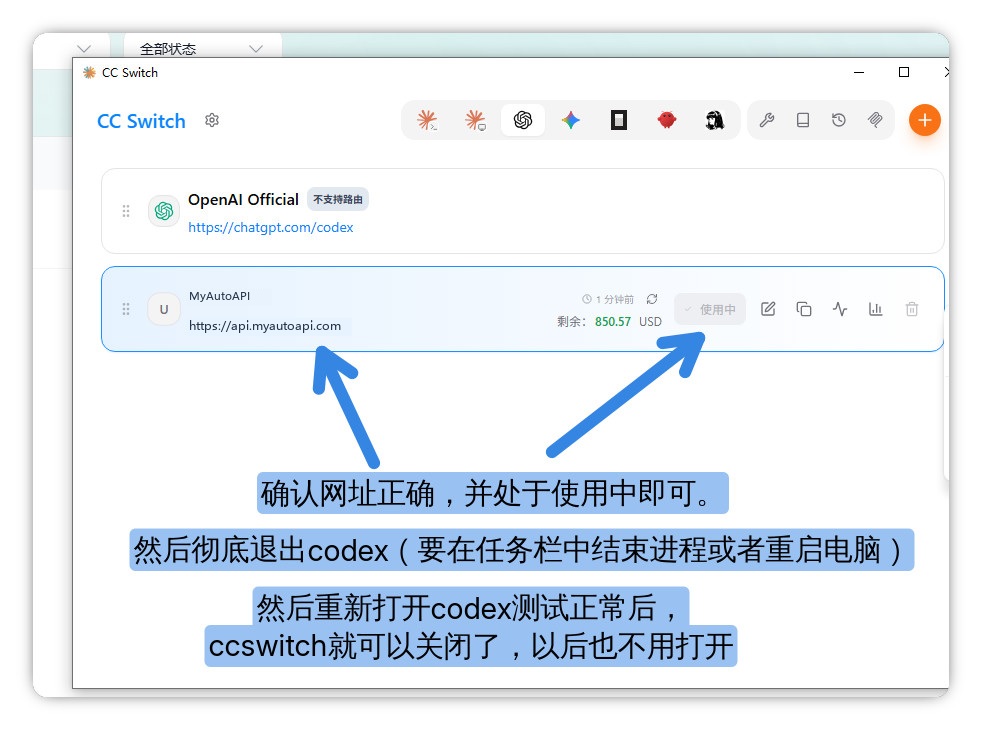 确认 MyAutoAPI 地址正确并显示使用中
